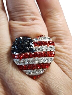 Cookie Lee Heart-Shaped Crystal Ring in Red, White & Blue-Adjustable